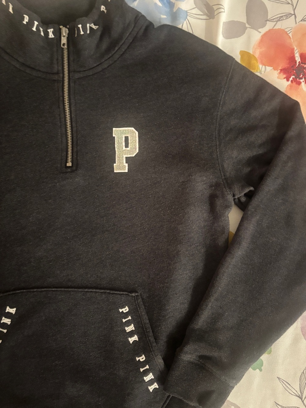 PINK - Grey Quarter-Zip Pullover Sweater
